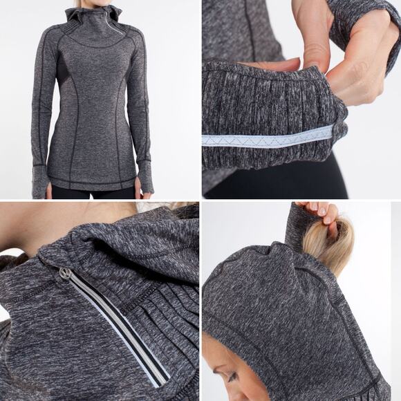 Lululemon Heathered Black Run Back On Track Pullover Hoodie Slim Fit Size 10 - Picture 12 of 15